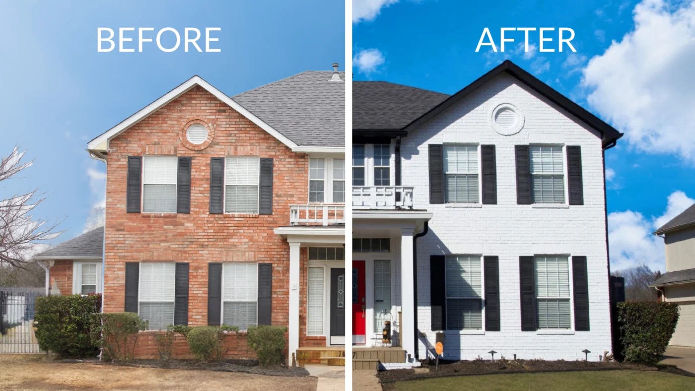 Before and after exterior brick painting transformation